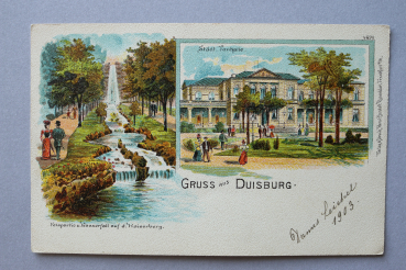 Ansichtskarte Litho AK Gruß aus Duisburg 1903 Städtische Tonhalle Wasserfall Kaiserberg Architektur Ortsansicht NRW